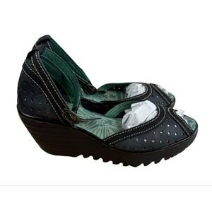Fly London Womens Black Leather Perforated Wedge Strap Shoes Euro 38 US 7.5